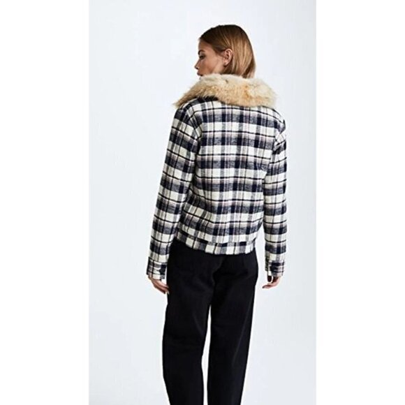 Jenni Kayne Flannel Checked Coyote Fur Collar Full Zip Jacket Navy Ivory M - Picture 12 of 12